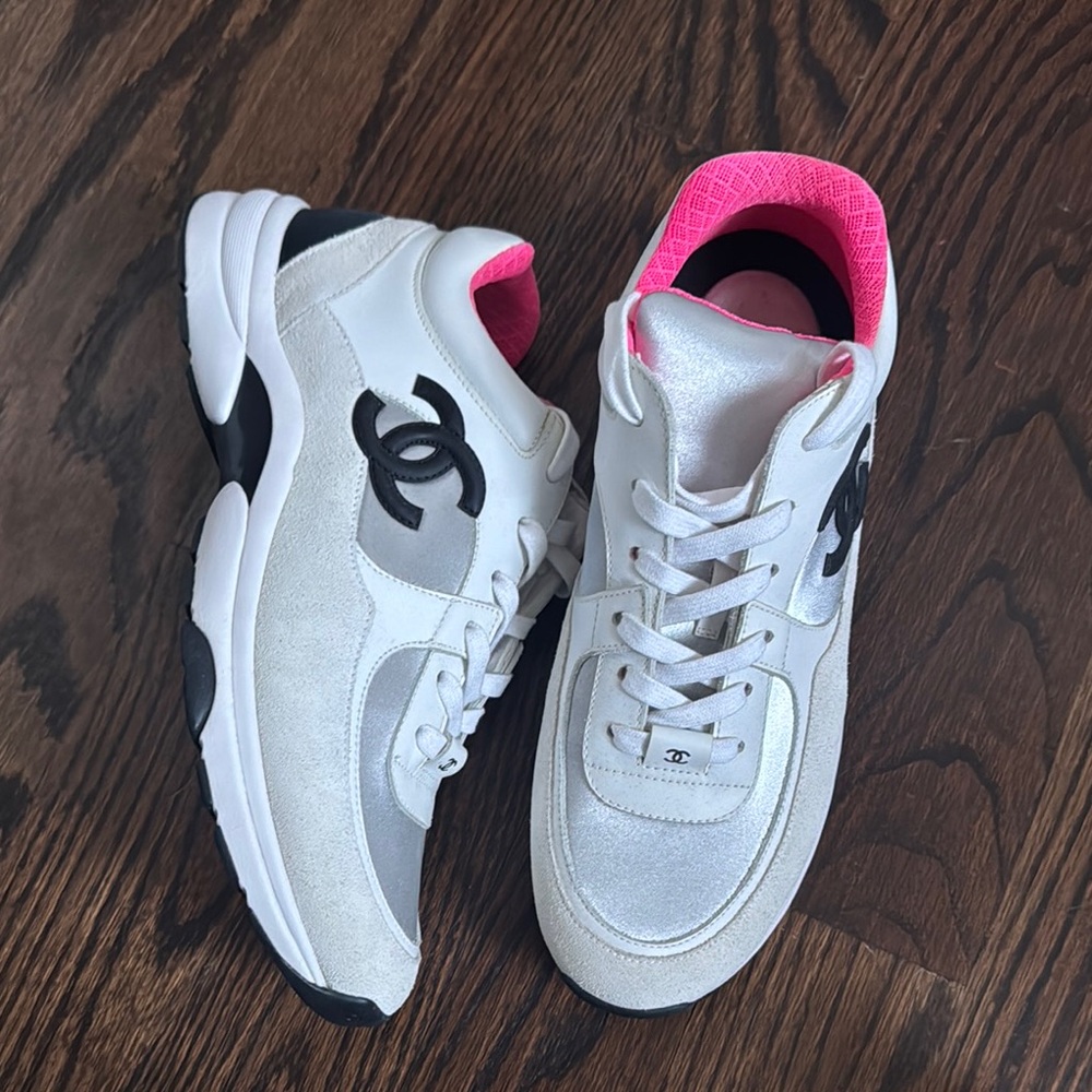Chanel Women's White and Pink Sneakers